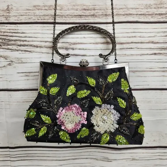 CEM Vintage Black Sequins Silver Handle Purse Mini Bag Floral - Picture 3 of 8